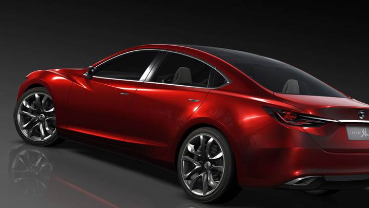 Mazda Takeri Concept Saloon Side Back Pose In Red